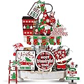 Tradder 14 Pcs Christmas Tiered Tray Decor Christmas Stockings Red Truck Xmas Tree Santa Wooden Signs Xmas Table Decorations Rustic Farmhouse Ornaments for Home Shelf