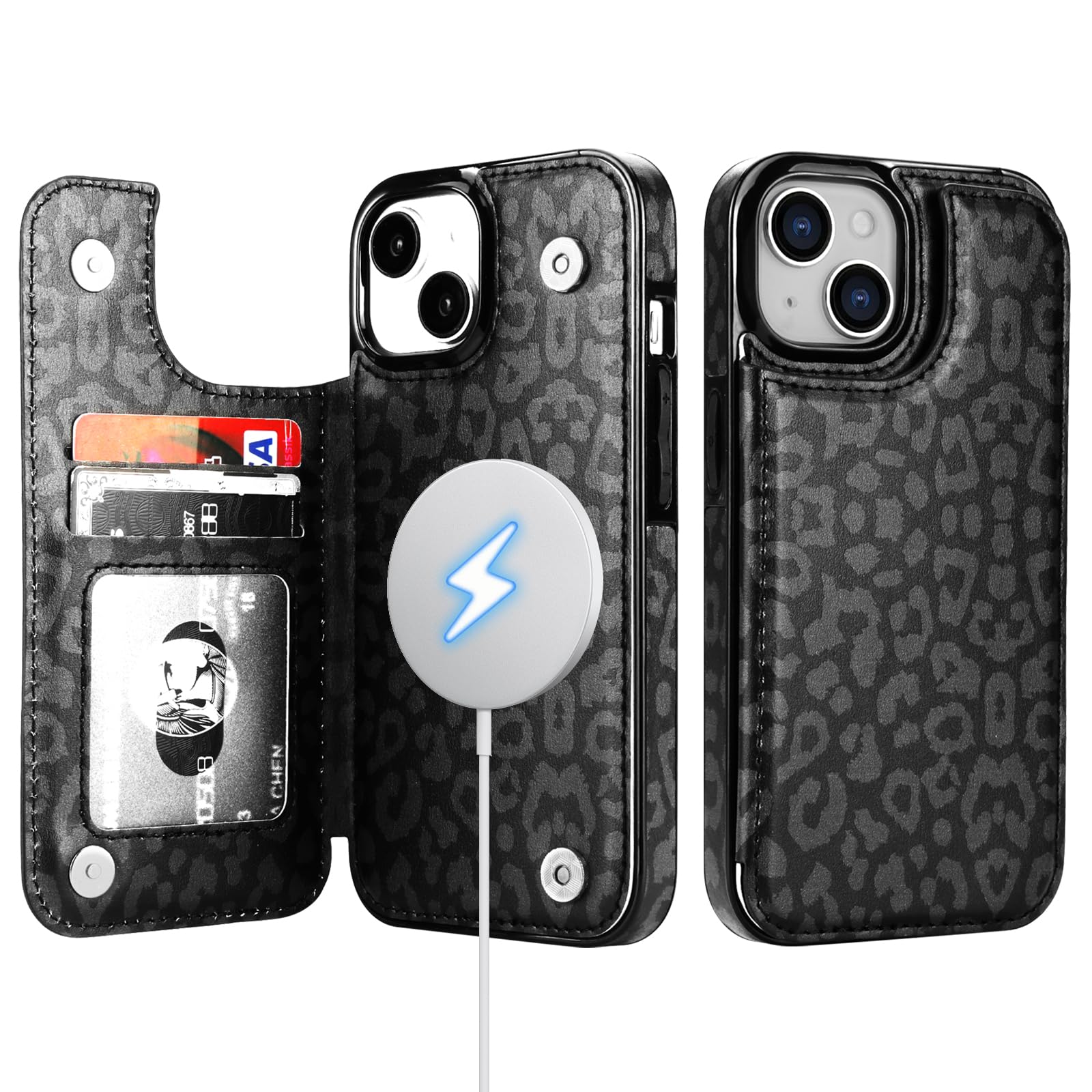 HAOPINSH for iPhone 14 Case Wallet Compatible with MagSafe Wireless Charging, Black Leopard Pattern Back Flip Folio RFID Blocking Leather Kickstand Card Slots Case Double Magnetic Clasp Cover 6.1"