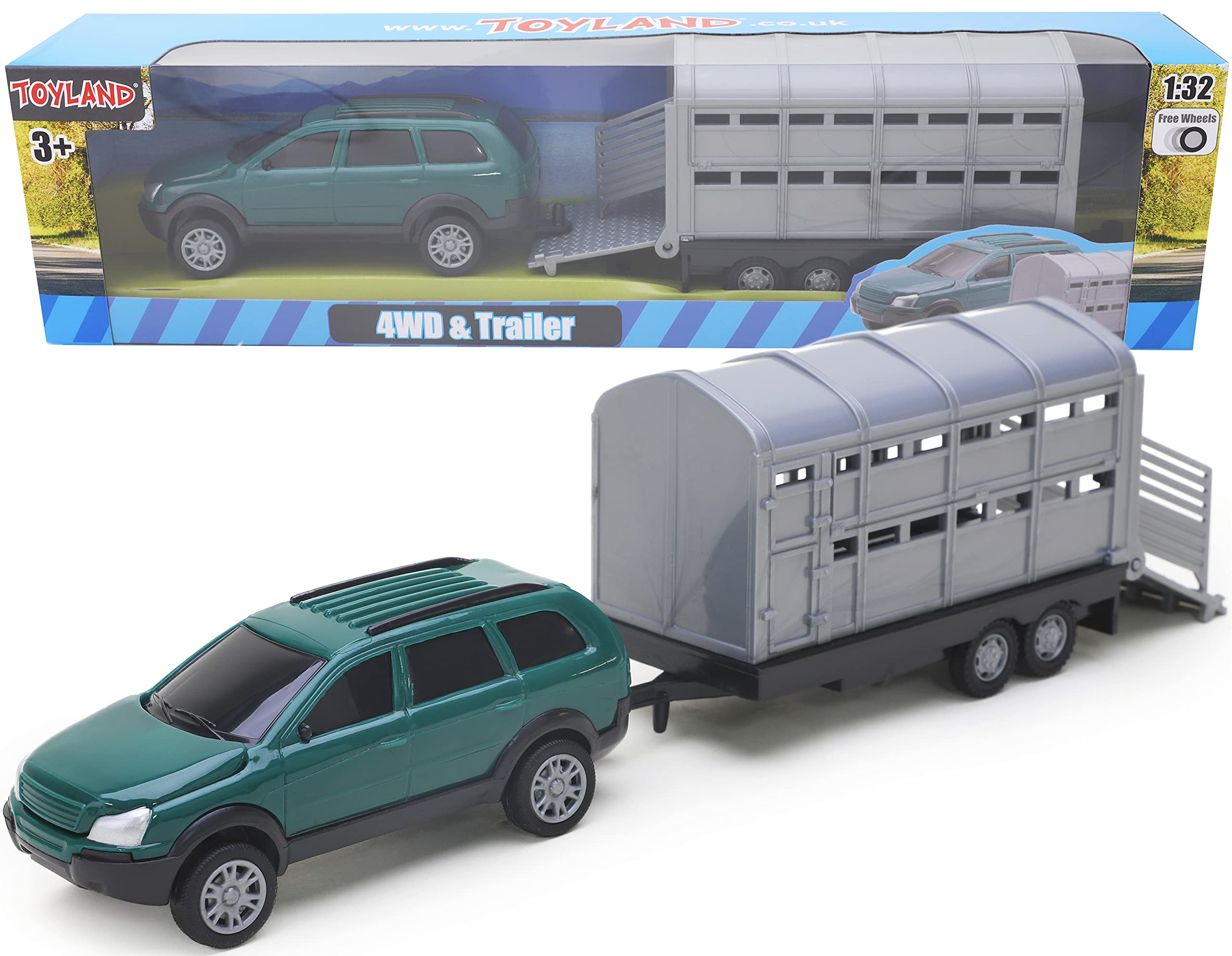 Toyland® 4x4 Car and Livestock Trailer Set 1:32 Scale (GREEN)