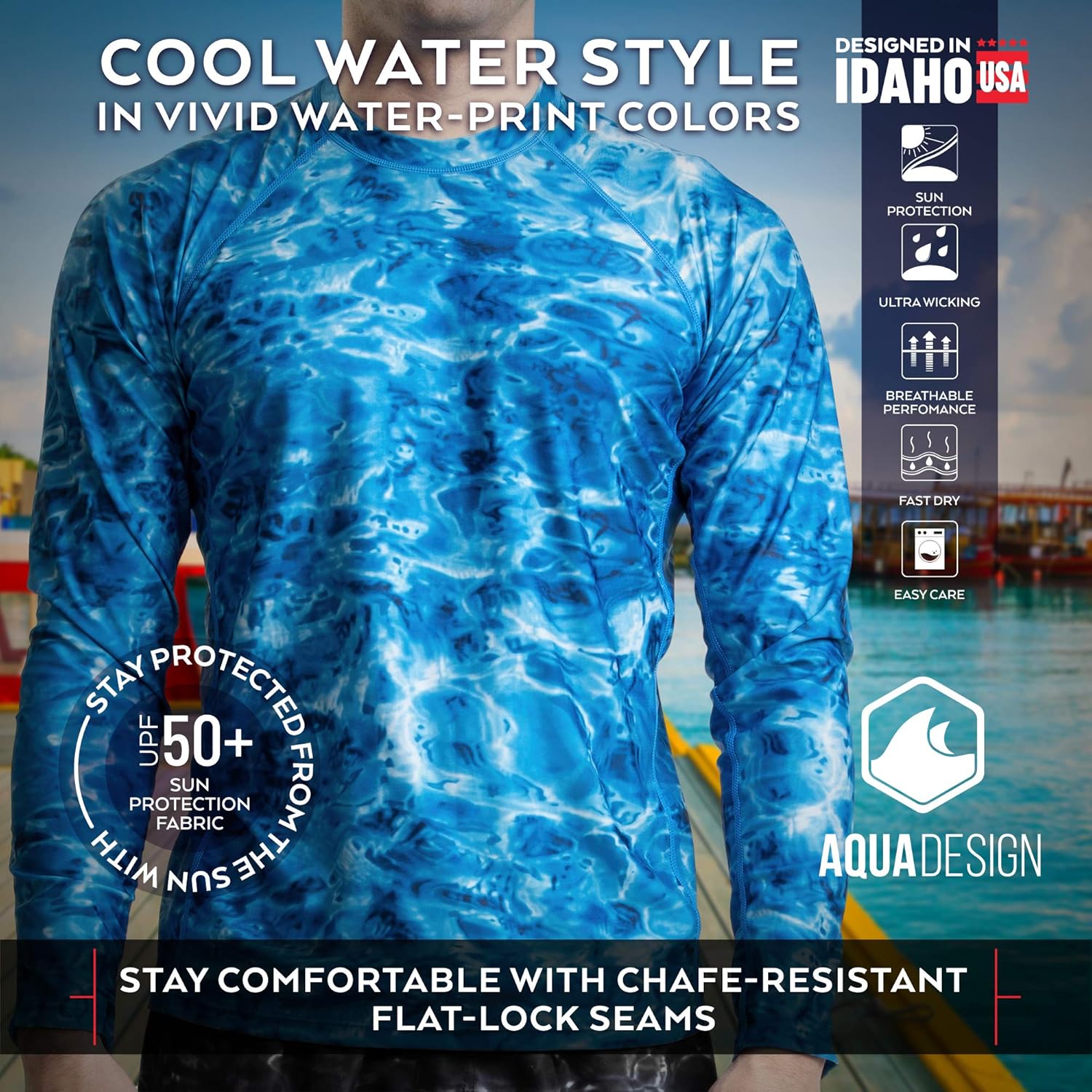 Aqua Design Rash Guard Men: UPF 50+ Long Sleeve Rashguard Swim Shirts for Men: Clothing