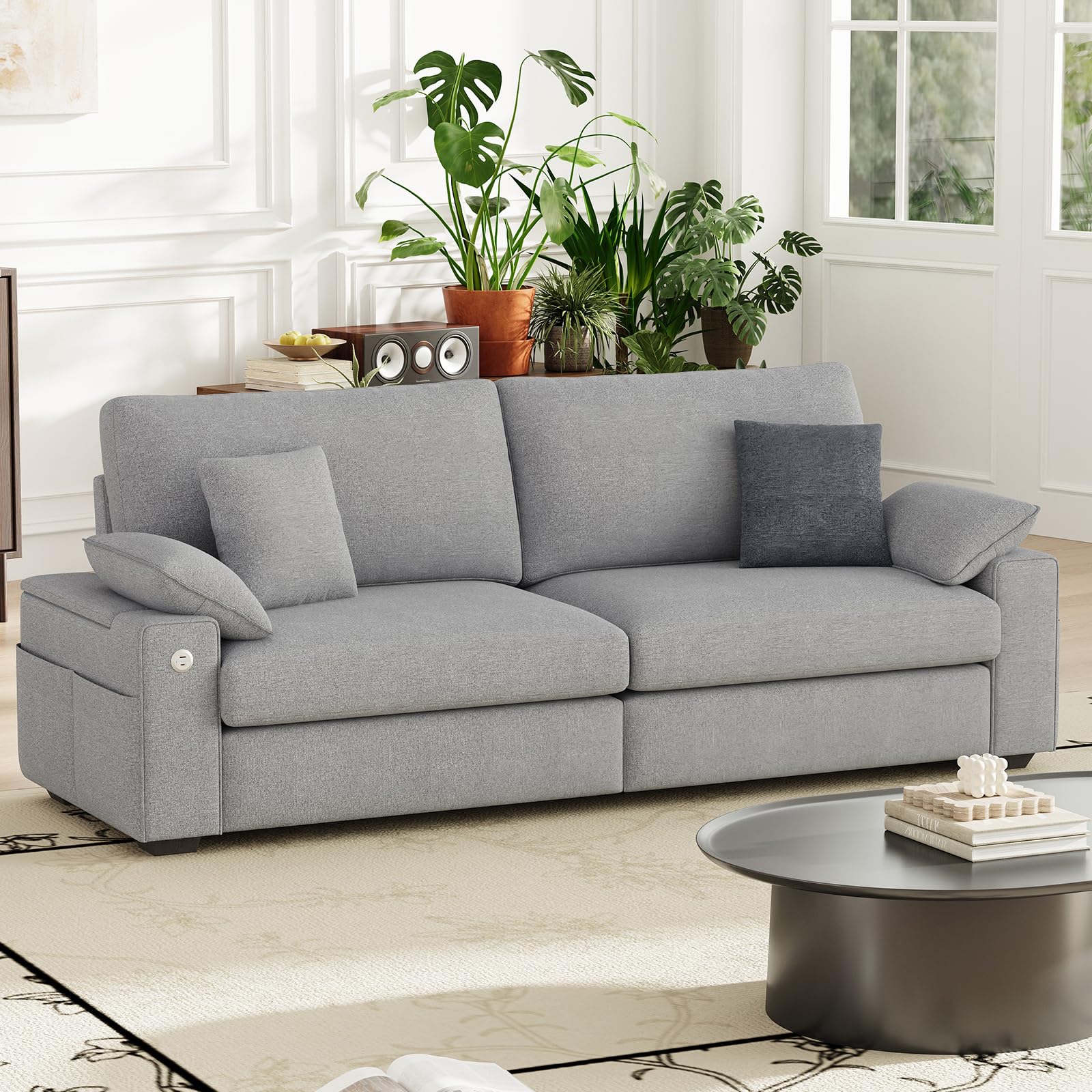 Photo 1 of MALOL 89" Loveseat Sofa, Cloud Foam Couch, 3 Seater Upholstered Midcentury Mondern Love Seat with USB Type C Ports, 4 Pillows and Storage Armrest for Living Room/Small Spaces, Grey