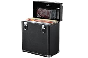 Hododou Record Storage Case Holds 30+ Single Records(12-inch) Vinyl Turntable Records Heavy-Duty Hardware Hinges Smart Metal Corners Portable with Lid Handle Mesh Pouch for Valuable Album Collection