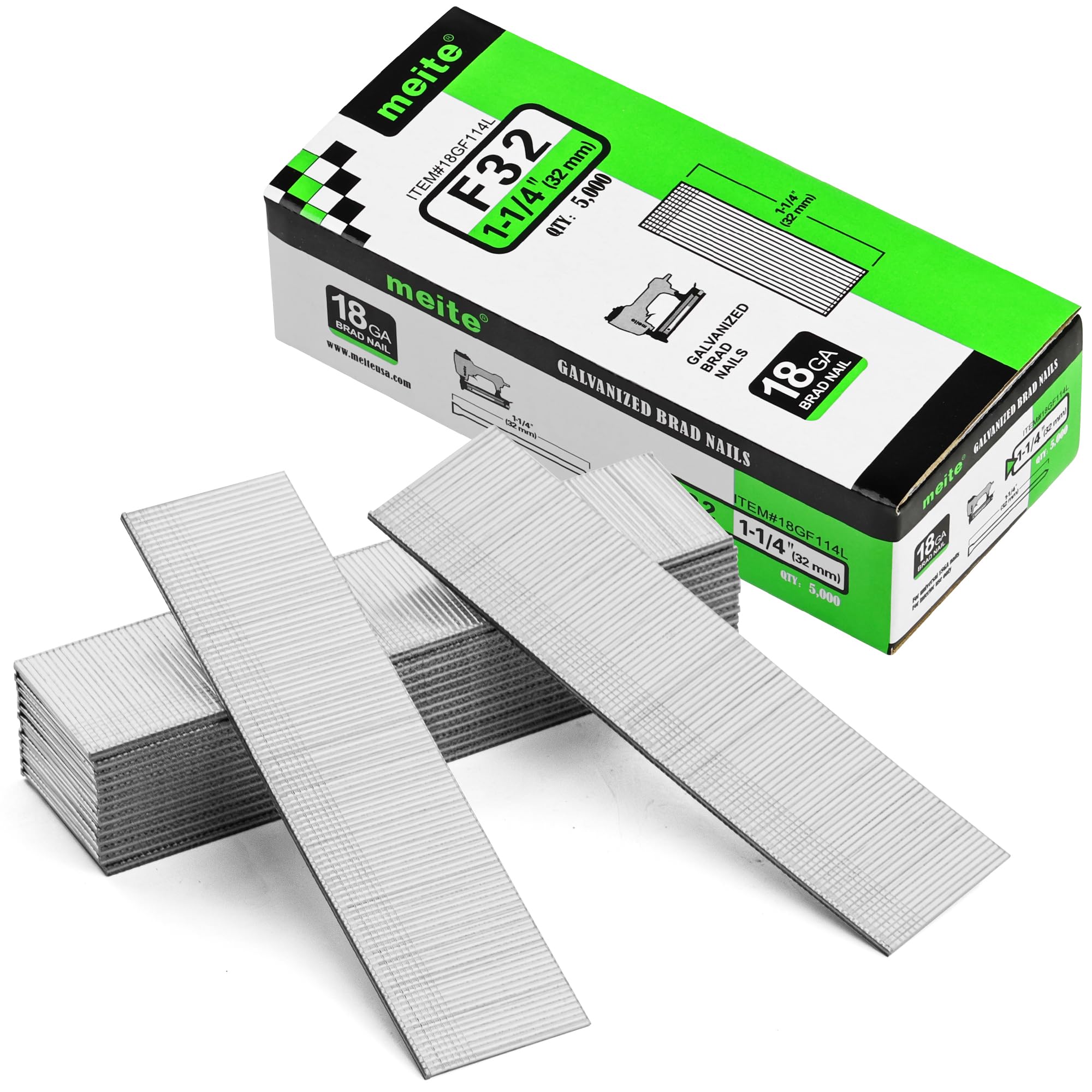 meite 18 Gauge Brad Nails, 32 mm 18G Brad Nails for Nail Gun, Galvanised Small Finishing Nails for Joinery, Trim Work (5,000 Counts)