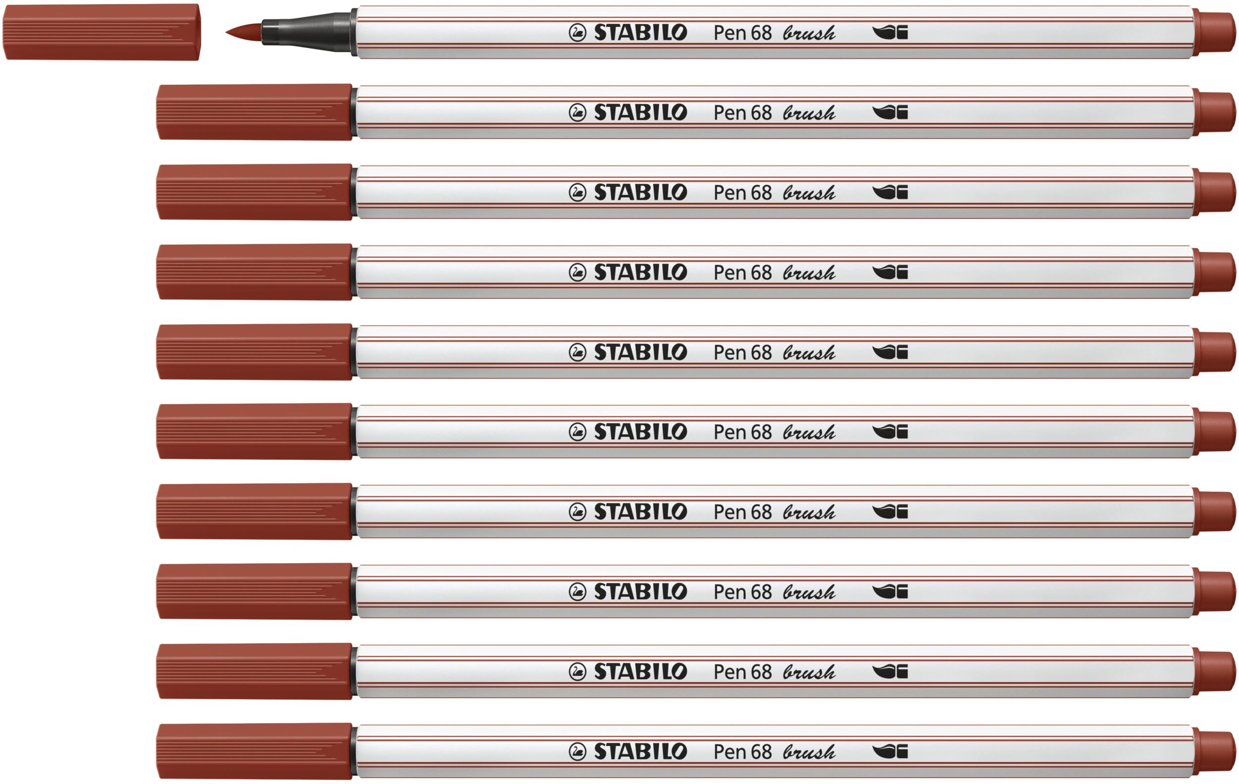 STABILO Pen 68 brush - Premium Fibre-Tip Pen with Brush Tip - Pack of 10 - Sienna