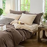 BDEAR INS Linen Feel Double Sided Reversible Duvet Cover Queen Size 90''W x 90''L, Percale 100% Washed Cotton Duvet Cover with Zipper Closure Plus 2 Pillowcases, Light Chocolate Brown plus Sandy Beige