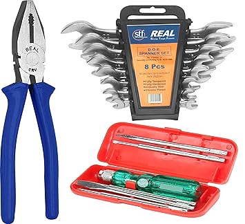 REALstf Multi Hand Tool Kit 15 Pc. - 8 pcs Set of Double Open End (D.O.E) spanners with Hanging Tray, Combination Plier 8, 6 Pc. Set of Screw Driver Kit Hand Tool Kit