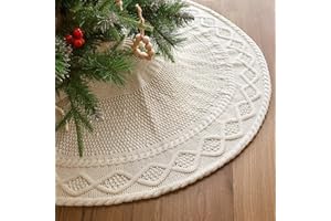 LIMBRIDGE 36 inch Christmas Tree Skirt: Pencil Tree Skirt for 6ft Tree, Diamond Edge Knit Cream White Small Tree Skirt, Vintage Tree Skirts, Rustic Farmhouse Christmas Decorations