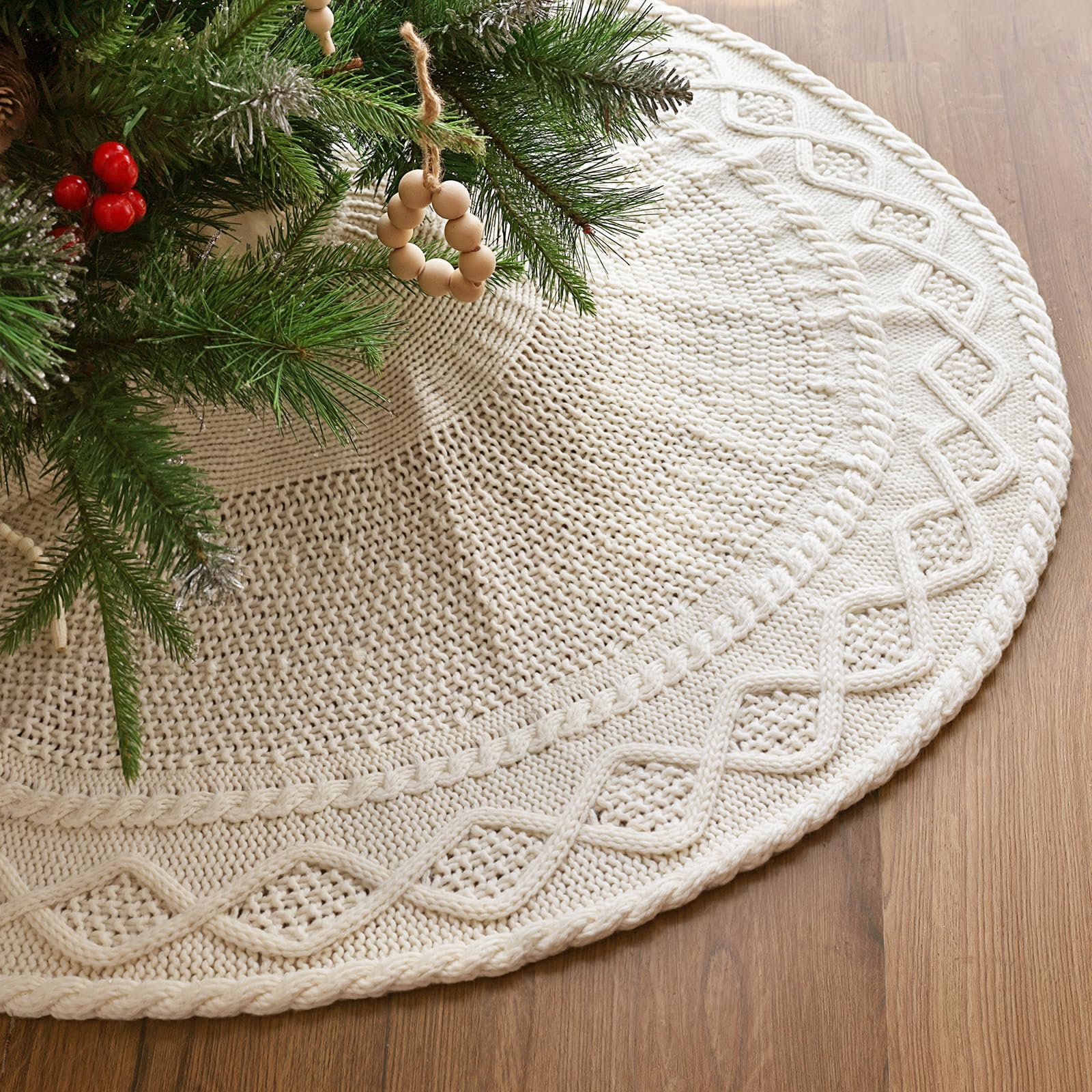 Photo 1 of 36 inch Christmas Tree Skirt: Pencil Tree Skirt for 6ft Tree, Diamond Edge Knit Cream White Small Tree Skirt, Vintage Tree Skirts, Rustic Farmhouse Christmas Decorations