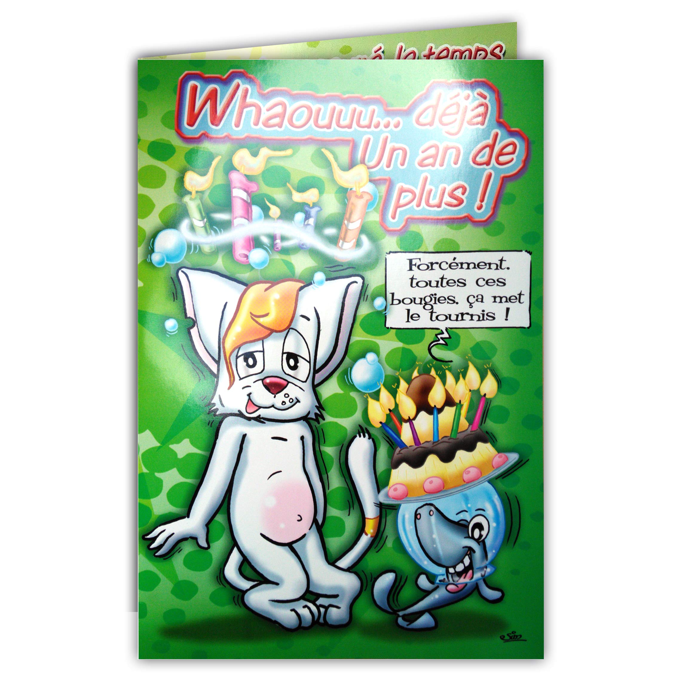 MaxiCha-002 Large Giant Card Happy Birthday Already One Year More Funny Funny Cat Kitten Cake Candles Shark Fish Aquarium Charlestown Collection Illustration Drawing