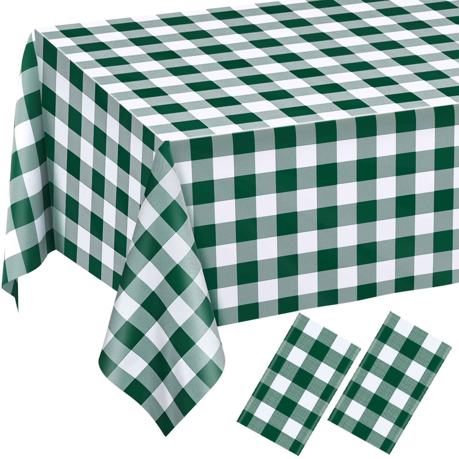 Photo 1 of 2 Pcs Green Gingham Tablecloth Disposable Plastic Checkered Table Cloths for Parties Disposable, Waterproof Rectangular Green & White Table Cover for Camping, Birthday, Party, Picnic 54 × 108 Inch