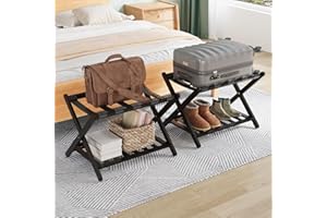 Smuxee Fully Assembled Black Luggage Racks Pack of 2, Upgraded Bamboo Foldable Suitcase Stand with 5 Nylon Straps, Luggage Holder with Shelf for Guest Room Bedroom Hotel (Black Luggage Rack 2pcs)