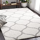 SAFAVIEH Tahoe Shag Collection Area Rug - 5' x 7', White & Grey, Trellis Design, Non-Shedding & Easy Care, 1.2-inch Thick Ide