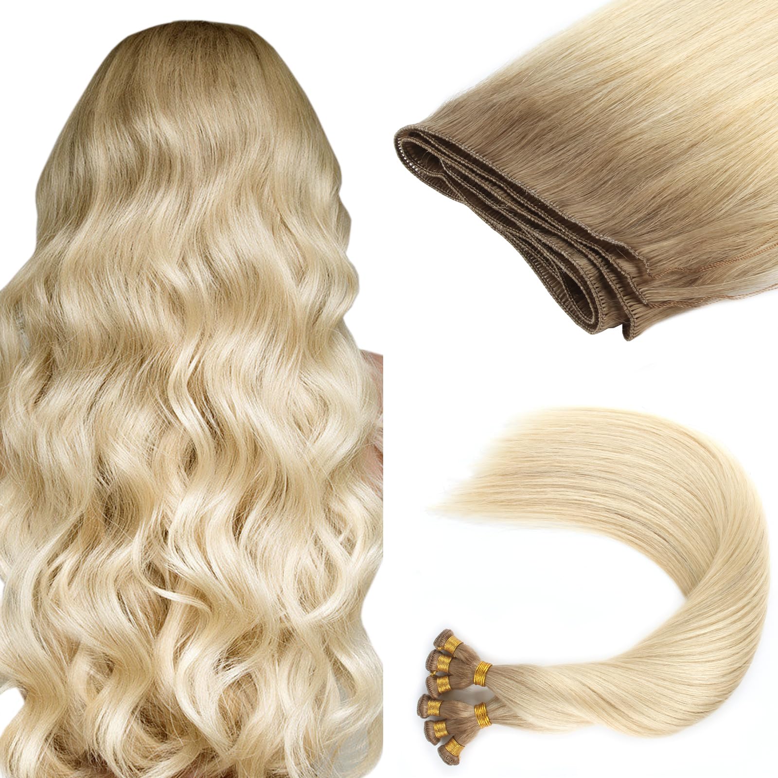 ABH AMAZINGBEAUTY HAIR Hand TiedWeft Hair Extensions Highlighted Remy Human Hair Extensions Straight Bundles, 50 Gram,1g/s, Dark Ash Brown With Platinum Blonde Highlights Color R8-60, 18 Inch — image 1