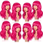 Crowye 8 Pcs 12 Colorful Party Wigs Shoulder Length Wigs for Women Wavy Bob with Air Bangs Curly Short Synthetic Colorful Costume for Cosplay Bachelorette Party(Hot Pink)