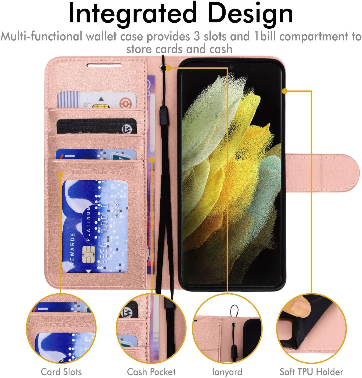 TECHGEAR Galaxy S21 Ultra Leather Wallet Case, Flip Protective Case Cover with Wallet Card Holder, Stand and Wrist Strap - Image 5