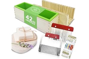 PIUH 42oz Loaf Mold Soap Making Supplies Kit, Included Adjustable Wooden Cutting Box + Rectangular Loaf Mold with Wooden Box + Stainless Steel Wavy+Straight Cutter + Soap Wrappers for DIY Soap Making