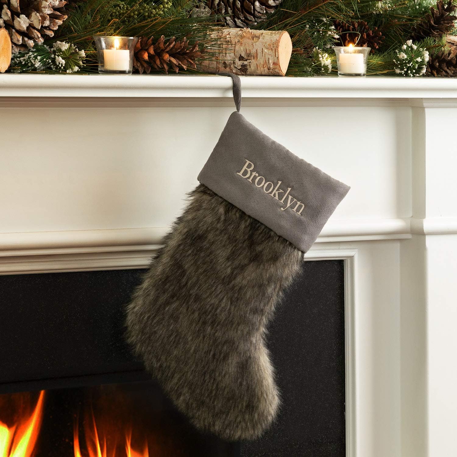 Stockings & Holders - Personalized Planet Gray Christmas Stocking with Custom Name Embroidery | Faux Fur with Gray Cuff | Fun Festive Christmas Home Décor | Ready to Hang