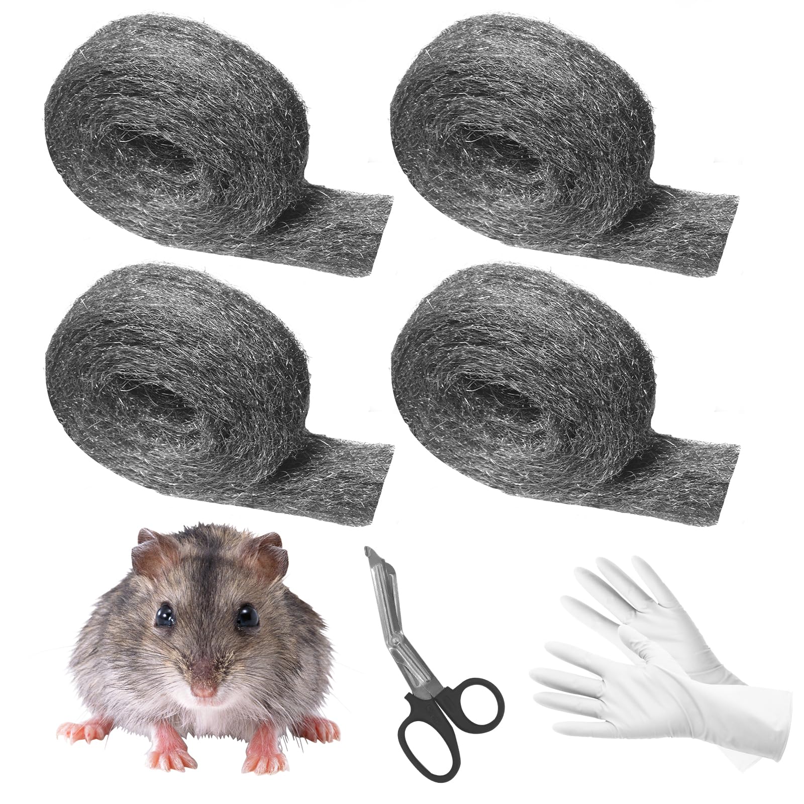 Cynrikah Steel Wool Mice, 5cm x 20m(4 * 5m) 0000 Garage Door Rodent Guard Steel Wool Rodent Control Fill Fabric for Wall Cracks, Holes, Vents in Garden/Garage/House(4 rolls)