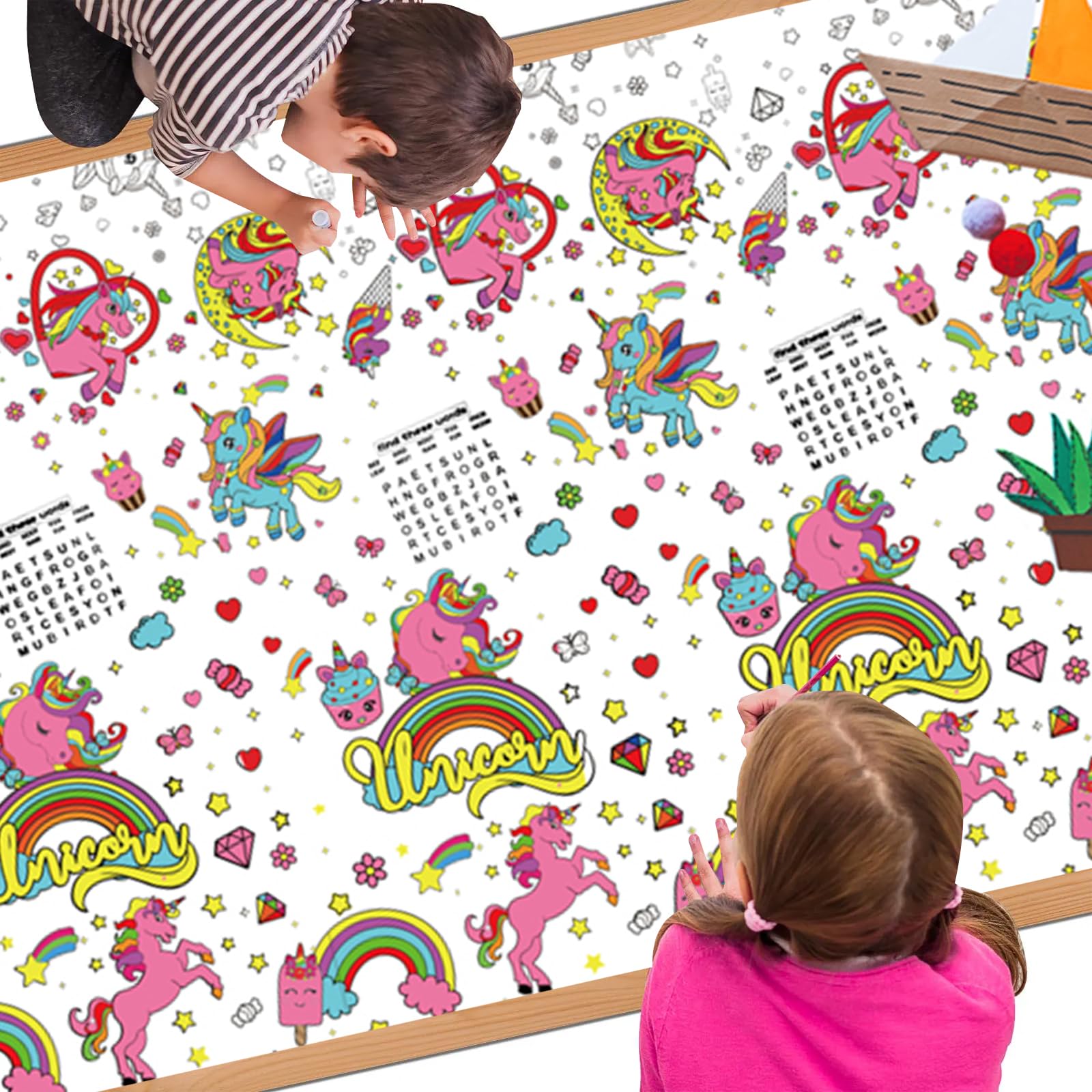 Unicorn Giant Colouring Table Cloth for Kids,137*274cm Unicorn Colouring Poster Tablecloth Colouring Books Coloring Table Cover for Girls Boys School Party Poster Educational Doodle Art Activity Game