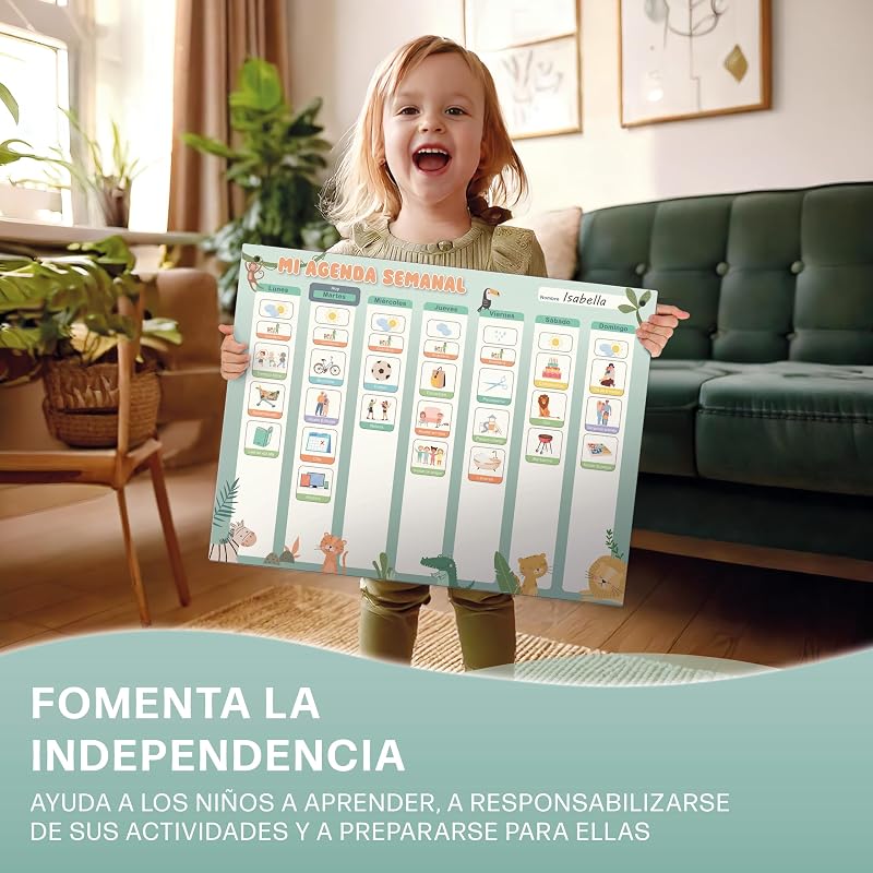 ® Planeador semanal para crianças - Quadro magnético Montessori com um design bonito que inclui 196 ímanes e uma caneta - Jogos educativos a partir dos 3 anos - Calendário infantil — foto 3 de 7