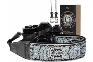 Padwa Lifestyle Camera Strap - 2" Full Grain Leather Ends Camera Straps for Photographers, Vintage Embroidered Cotton Weave Soft Suede Fabric Padded Strap Quick Release fits All Cameras