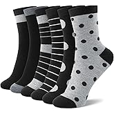 6 Pairs Cotton Crew Socks for Women, Breathable Novelty Funny Striped Dot Casual Cute Calf Socks Size 6-12