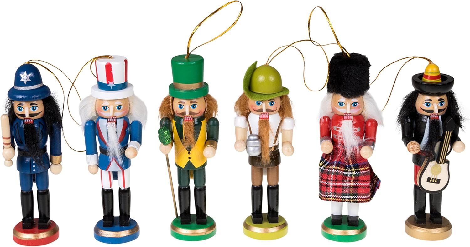 Nutcrackers - Clever Creations Mixed Nationalities 6 Pack 5 Inch Traditional Wooden Nutcracker Ornaments, Festive Christmas Tree Décor