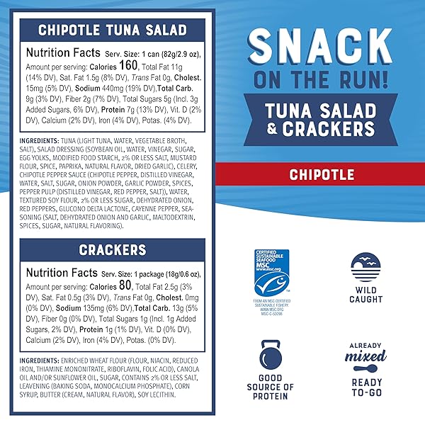 BUMBLE BEE SNACK ON THE RUN! PROTEIN SNACK PACK – 8G PROTEIN PER BOX – CHIPOTLE TUNA SALAD WITH CRACKERS KIT – READY TO EAT EASY-OPEN CAN – WILD CAUGHT MSC-CERTIFIED TUNA (PACK OF 1)