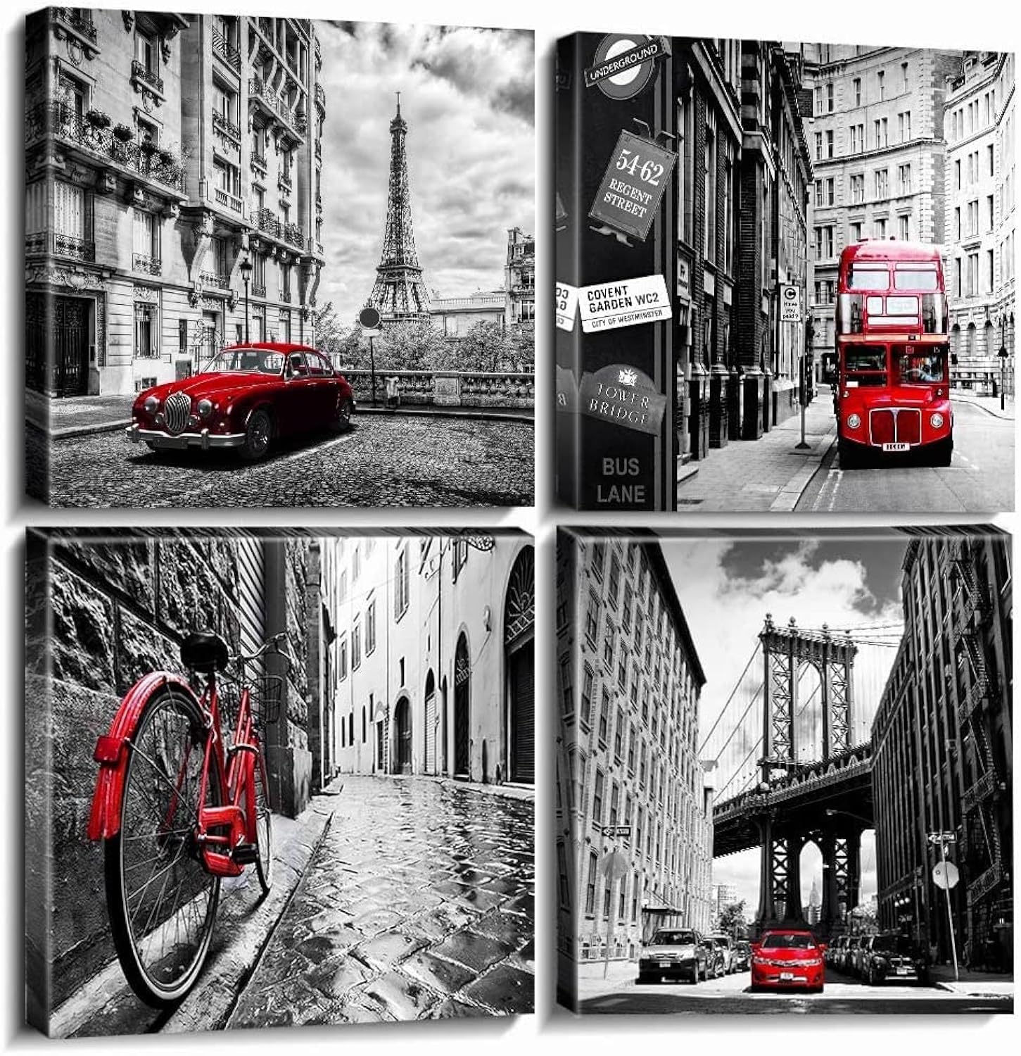 Black and White Wall Art for Living Room Modern Bedroom Decor Red City Wall Pictures London Paris Cityscape Canvas Prints Europe Building Landscape Posters Artwork Office Home Decoration 30x30CM 4PCs