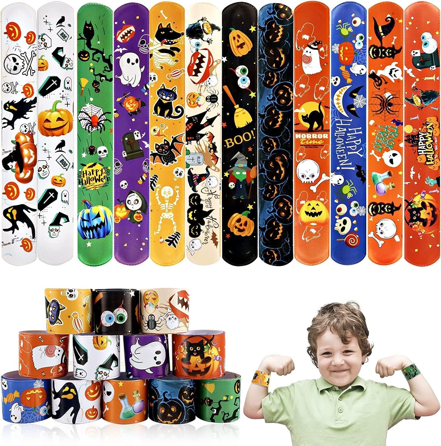 Amyang 48 PCS Halloween Slap Bracelets - Toys for Kids, Girls & Boys - Party Favors & Treat Bags - Gifts