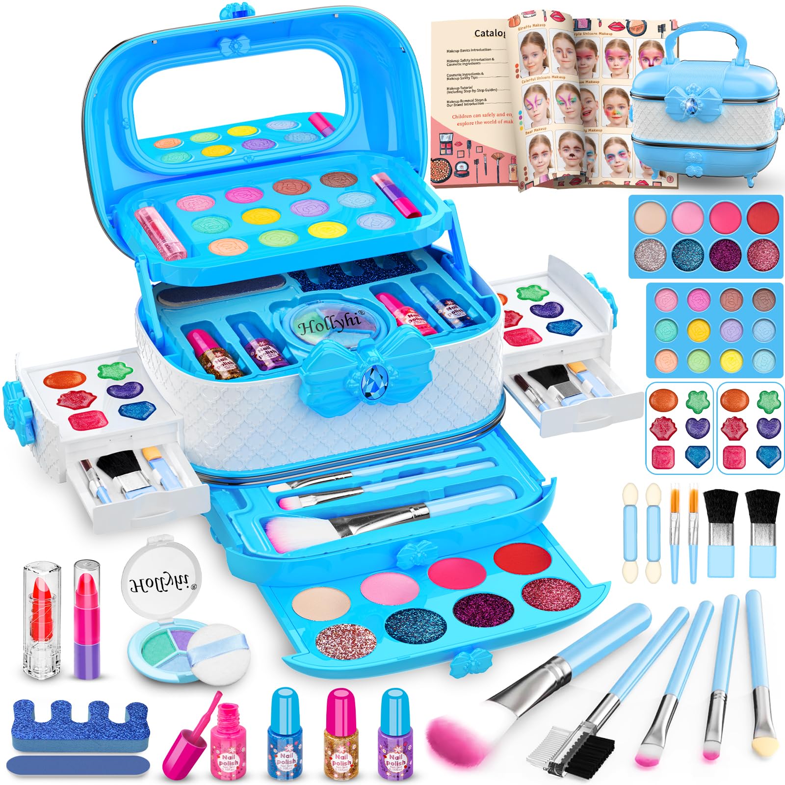 Hollyhi 58pcs Kids Real Makeup Sets for Girls, Safe Washable Children Pretend Dress Up Toys Make Up Frozen Kit, Princess Christmas Birthday Gifts for Age 3 4 5 6 7 8 9 10 11 12 Year Old Girl (Blue)