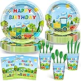 Avezano 168 PCS Train Birthday Party Supplies Includes Paper Plates, Cups, Napkins, Knives, Forks, Spoons for Chuagaa Train Birthday Party Decorations, Serves 24