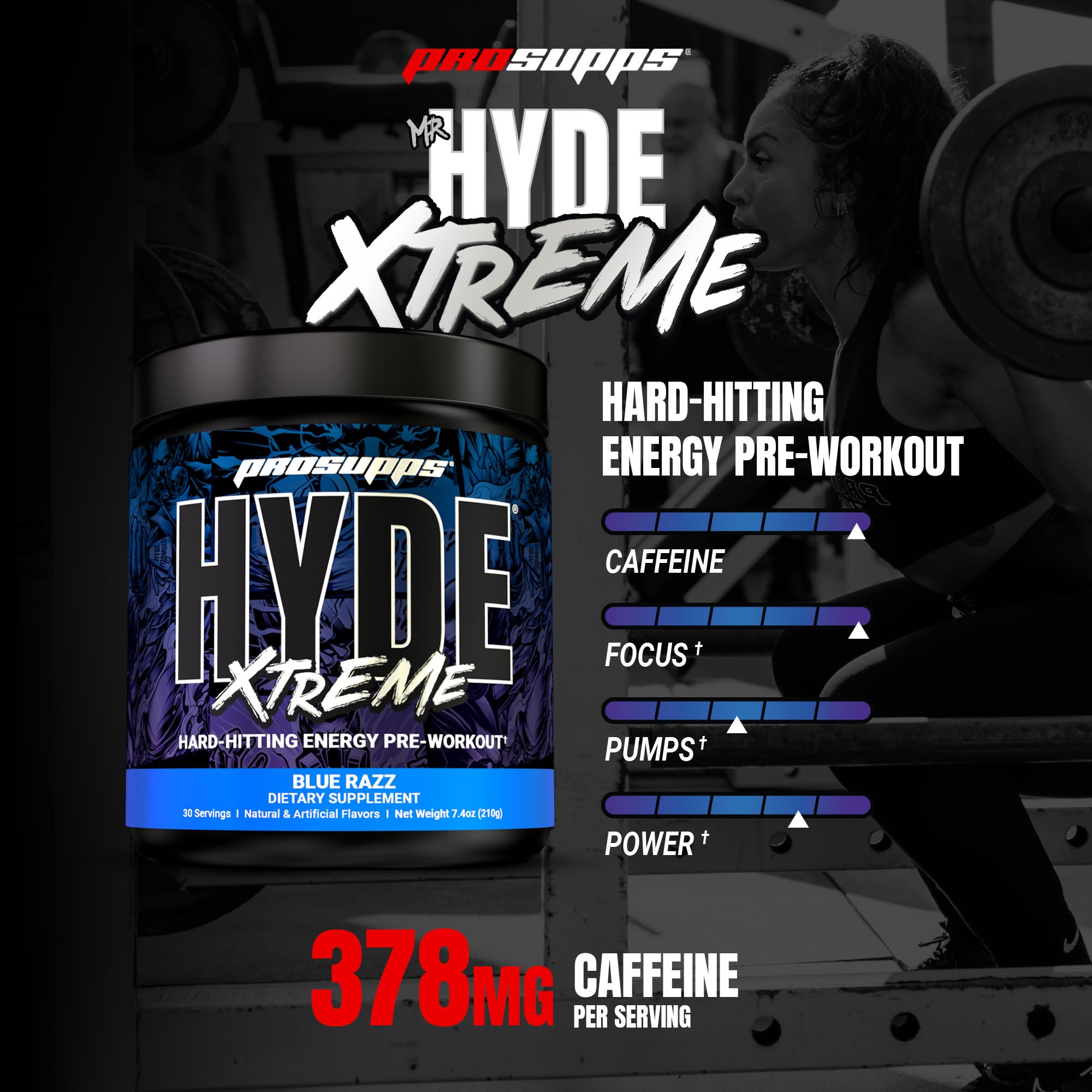 PROSUPPS Mr. Hyde Xtreme Pre Workout Powder with Creatine, Beta Alanine & Caffeine – Extreme Energy, Pumps, Focus & Performance - Fitness & Gym Supplements for Men & Women (Blue Razz, 30 Servings)