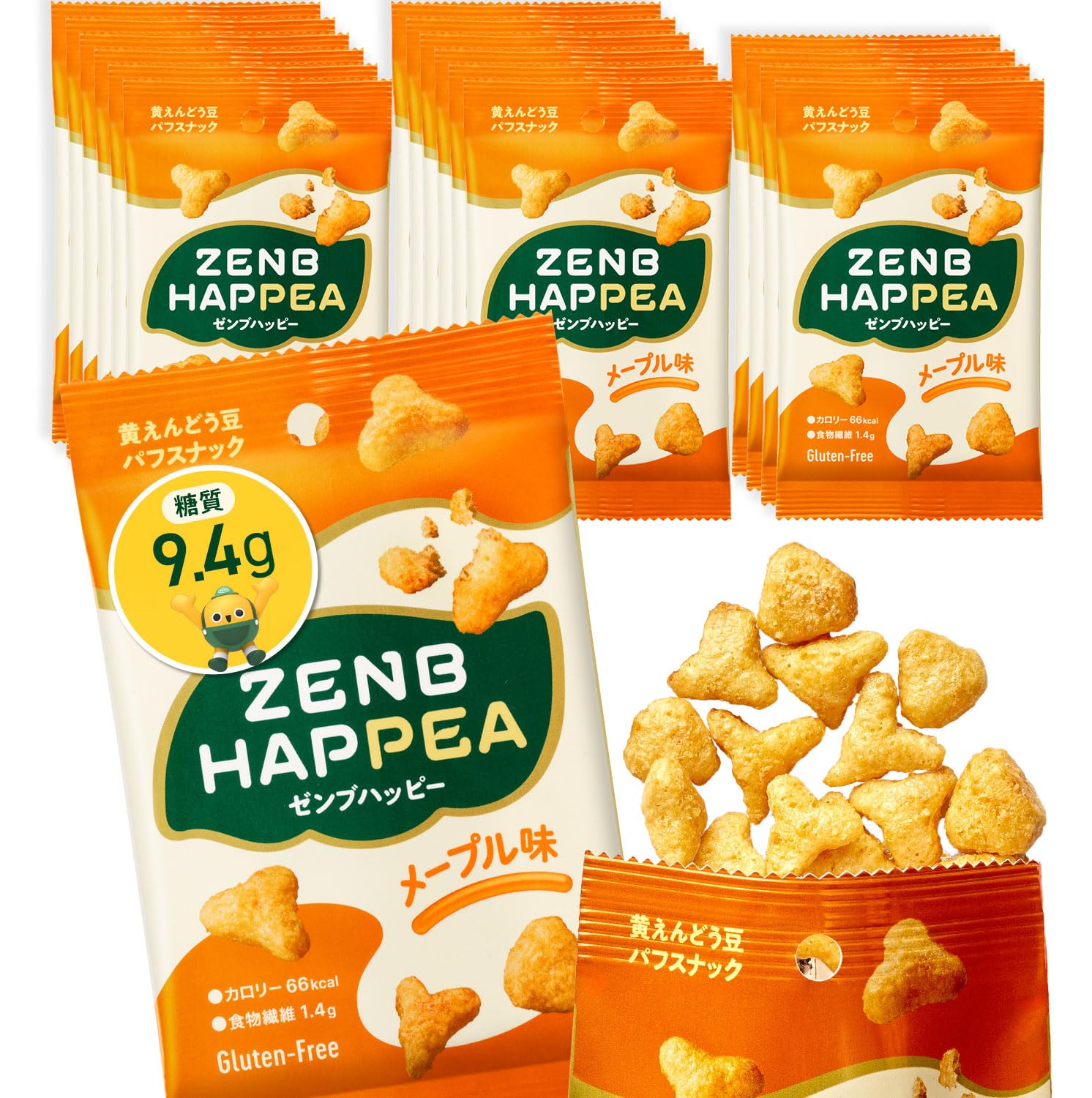 ZENB ゼンブ ハッピー 豆パフスナック メープル 18袋 ゼンブハッピー [ グルテンフリー ダイエット 中の おやつ 白 砂糖不使用 タンパク質 食品 間食 小腹満たし 食物繊維 鉄分 ポリフェノール ]