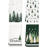 Ouddy Party Merry Christmas Kitchen Towels Set of 4, Green Xmas Tree Snowflakes Merry Christmas Dish Hand Towels Holiday Home Indoor Bathroom Party Seasonal Noel Decorations