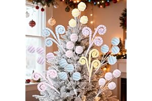 JOICEE 8 Pcs Pastel Christmas Tree Picks, Marcon Lollipop Candy Ball Woolen Curly Picks Ornaments Xmas Tree Topper Branches for Holiday Home Decorations