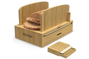 LOHASOK Bamboo Bread Slicer Guide: Bread Cutter for Homemade Bread Loaf - Adjustable and Foldable with Crumb Tray