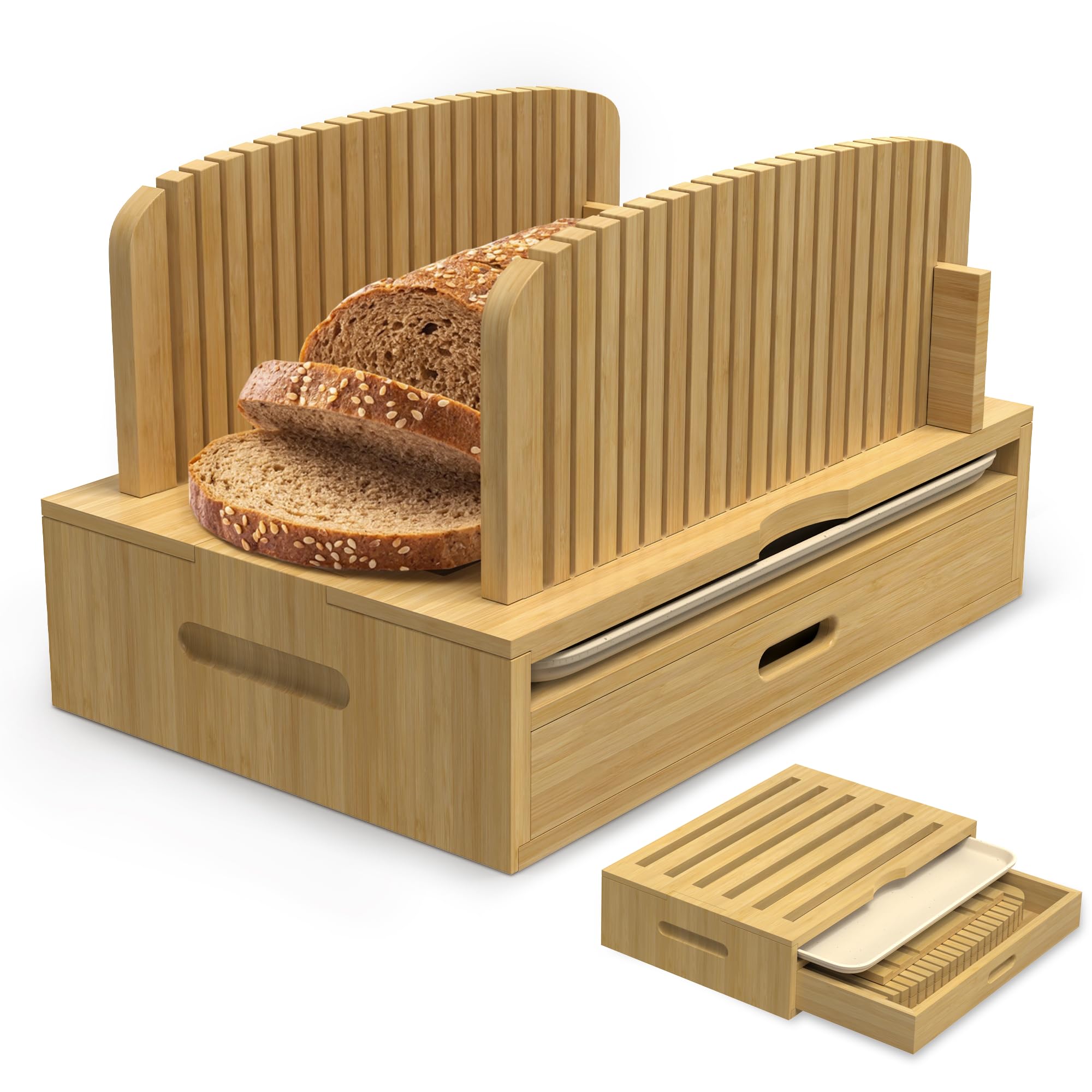 Photo 1 of LOHASOK Bamboo Bread Slicer Guide: Bread Cutter for Homemade Bread Loaf - Adjustable and Foldable with Crumb Tray