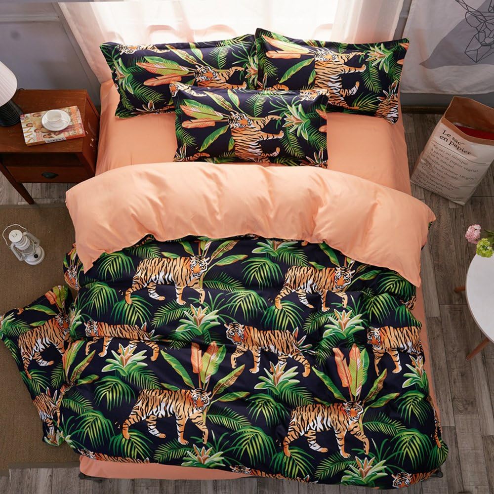 LuDan 3pcs Animal Print Bedding Sheet Set One Duvet Cover Without Comforter Two Pillowcases Beddingset Twin Full Queen King Size Tiger Design (Green, Twin)