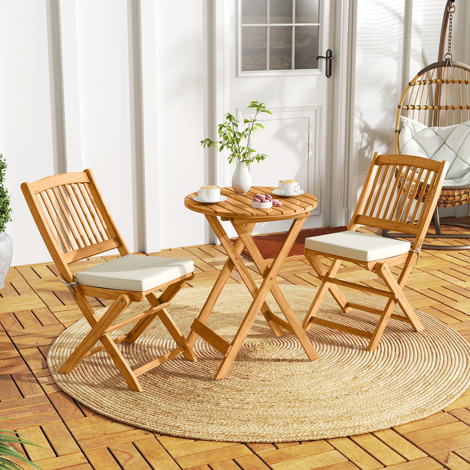 COSTWAY 3tlg. Balkonmöbel Set, Bistrotisch mit 2 Stühlen, klappbares Balkonset aus Akazienholz mit 2 Kissen, Bistroset, Gartengarnitur, Gartenmöbel, Sitzgarnitur, Sitzgruppe für Garten, Balkon (Beige) 2