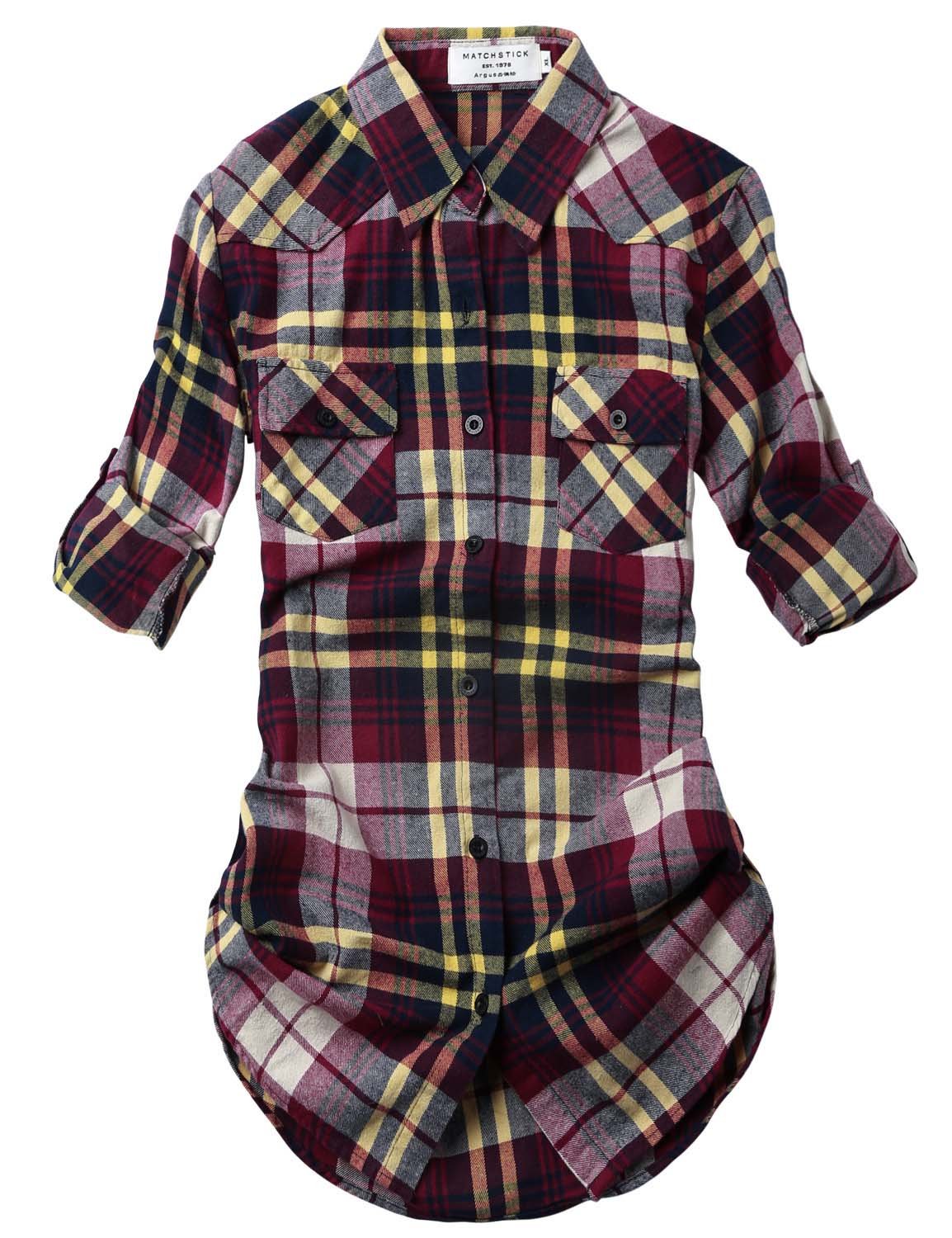 Match Womens Button Down Flannel Plaid Shirts roll