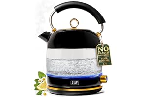 Glass Electric Kettle No Plastic, Stainless Steel, Auto Shut Off and Keep Warm Function - Black and Gold Tea Kettle with Temp