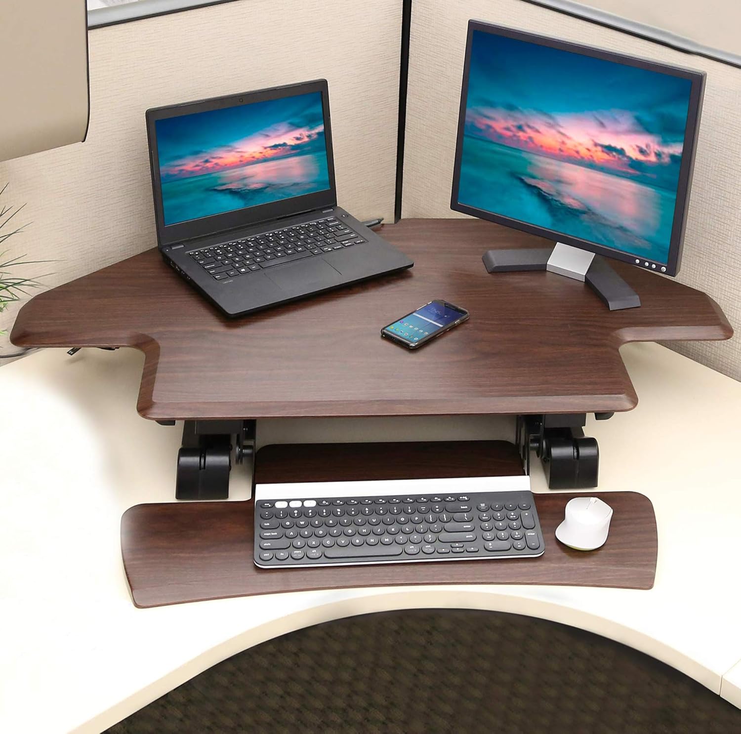 Seville Classics Airlift 43 Cubicle Corner Gas Spring Height Adjustable Standing Desk Converter Workstation With Keyboard Tray Ergonomic Table Walnut Amazon In Home Kitchen