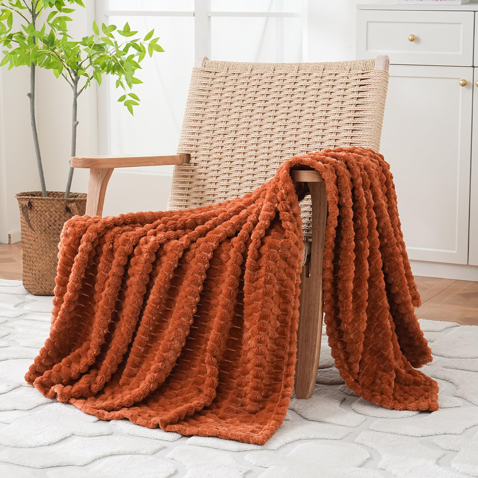 Photo 1 of Puncuntex Burnt Orange Throw Blanket 50"×60" inches Fuzzy 3D Jacquard Decorative Flannel Fleece Super Soft Plush Cozy Blanket for Couch Sofa Chair Lightweight