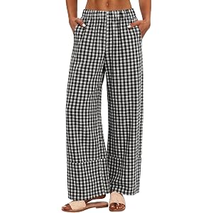 AKEWEI Women's Linen Pants Summer Casual High Waisted Wide Leg Pants Elastic Waist Cotton Trousers with Pockets for Beach