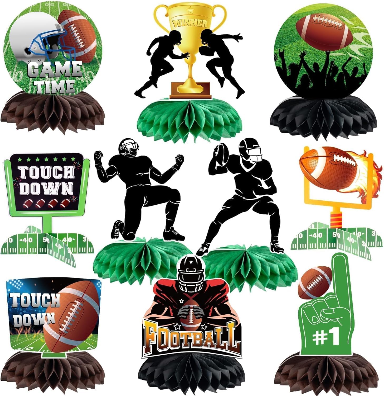 Photo 1 of 10 Pcs Football Party Decorations Football Honeycomb Centerpieces Double-sided Football Table Centerpiece for Football Birthday Party Sports Tailgate Game Party Decorations Supplies Favors