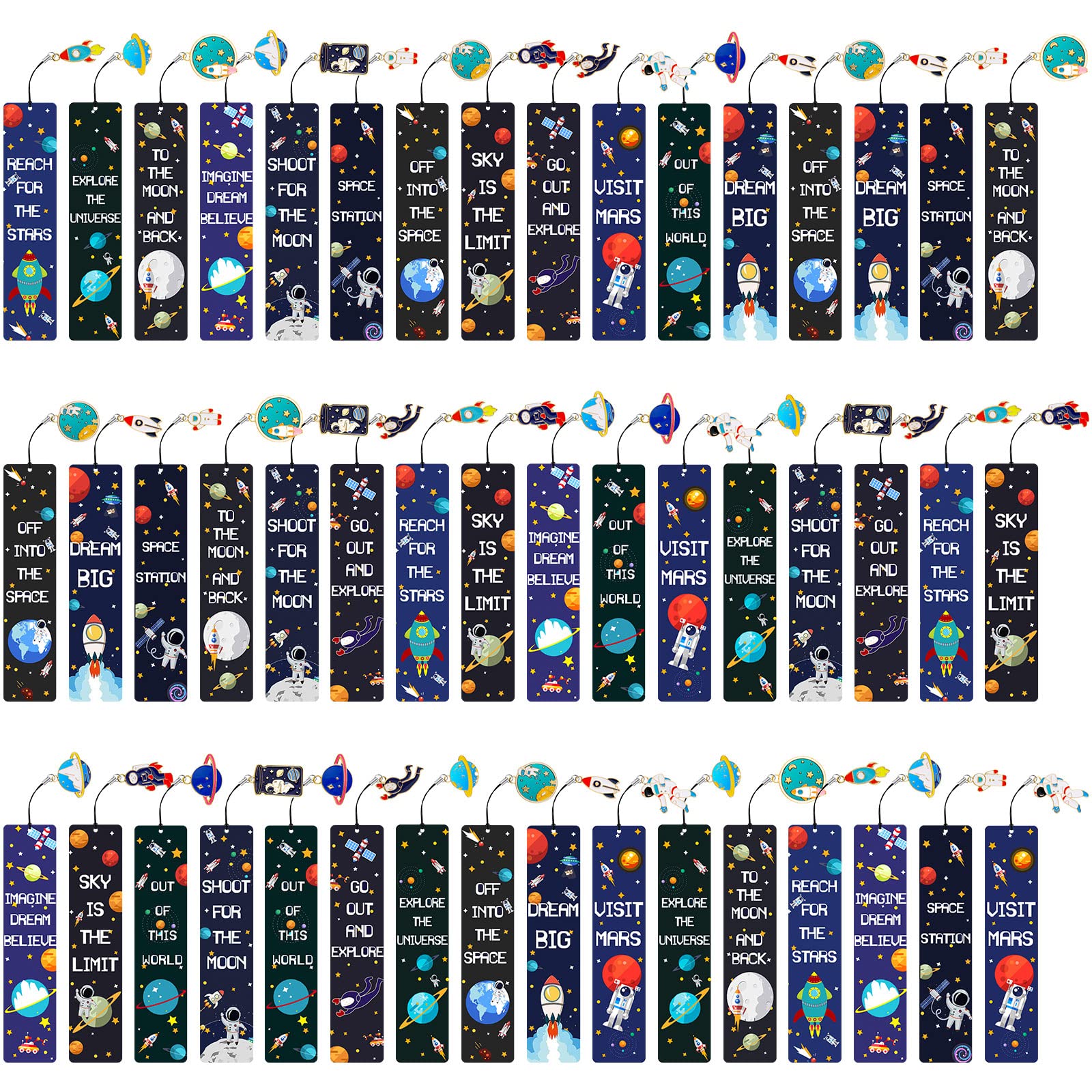 Photo 1 of Space Theme Bookmarks with Metal Charms Planet Rocket Space Ship Theme Bookmarks Inspirational Quotes Cards for Party Favors Gifts Encourage(48 Pieces)