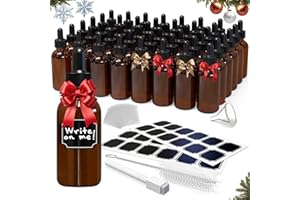 Nevlers 48 Pack Amber Glass Dropper Bottles | 2 Oz Glass Dropper Bottle Set w/Funnel, Brush, Shrink Wrap, Marker & Labels | Leakproof Amber Bottles with Droppers for Oils, Tinctures, Serum & Medicine