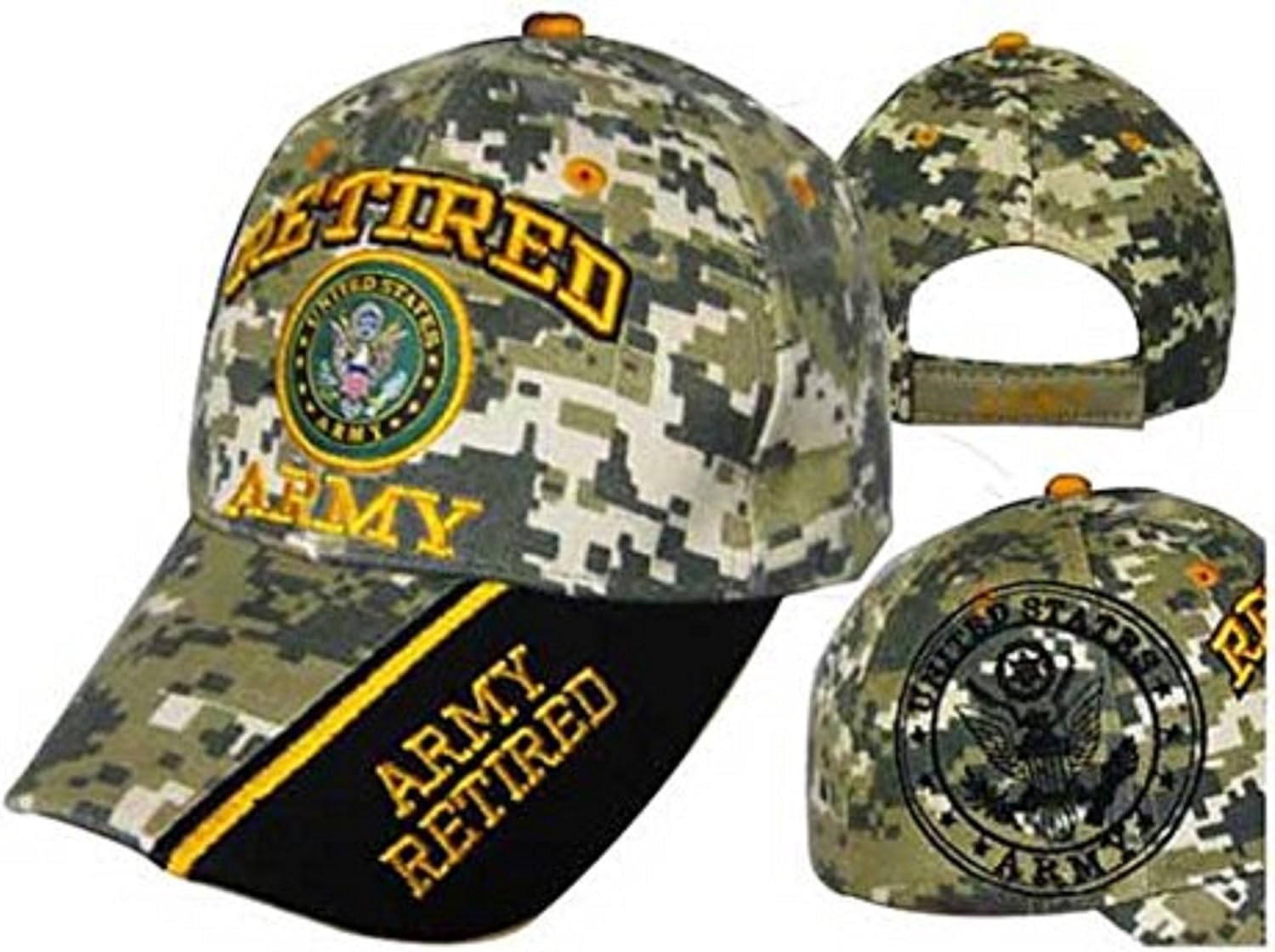 MWS Retired Army Emblem Camo Cap U.S Army Acrylic Licensed Black