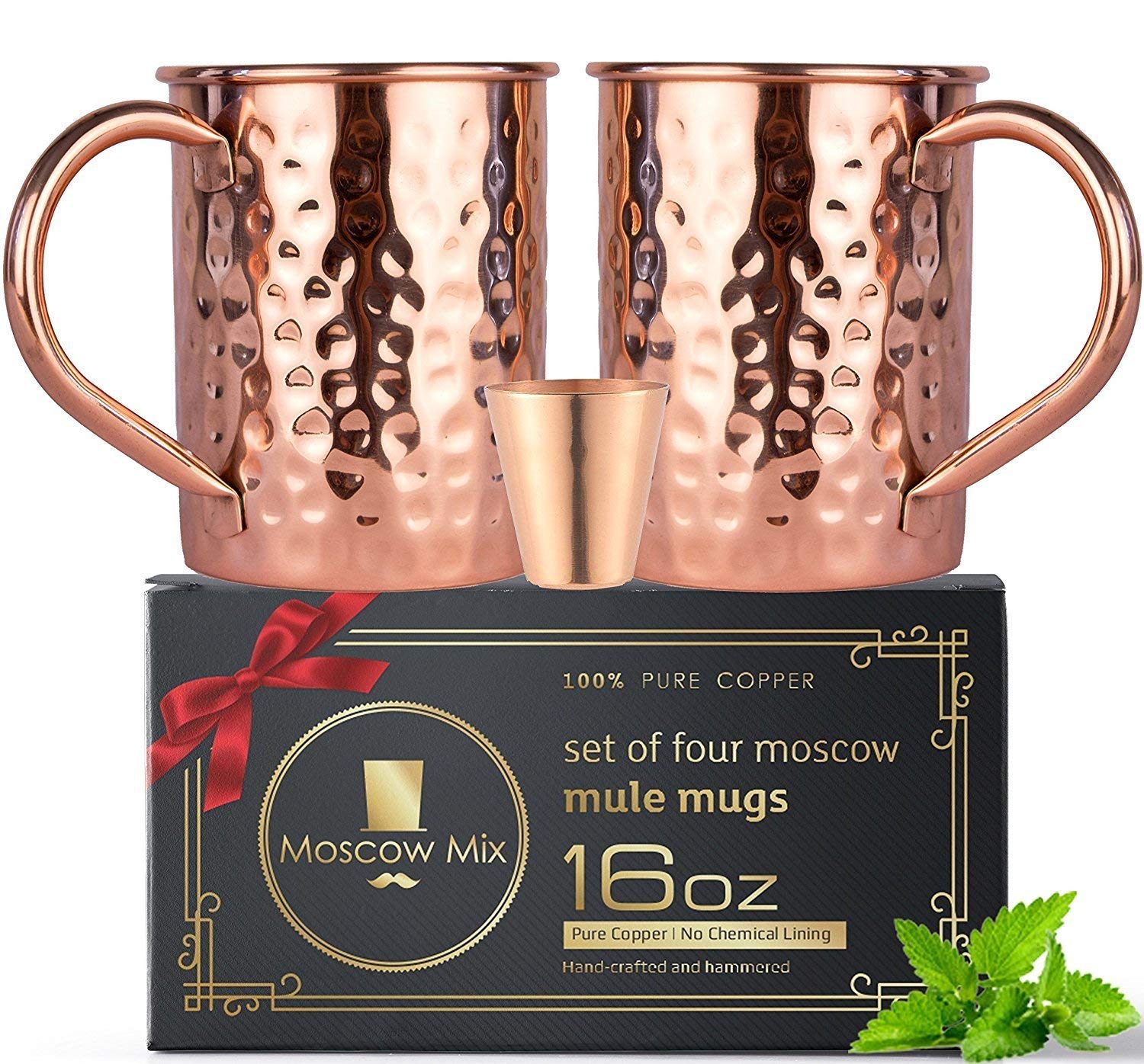 Moscow-Mix Moscow Mule Mugs Set of 2 Copper Cups - 100% Copper Mugs for Moscow Mules and Whisky Mules - Hammered Copper Cups Includes Copper Shot Glass for Party - Includes Premium Gift Box